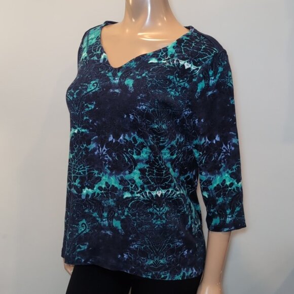 3/$20 Tribal Tye Die Damask Print Top Boho Neckline ¾ Sleeve Jewel Tone Knit - Picture 4 of 9
